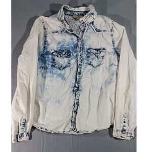 Hwy jeans Acid Wash Denim Blouse L Tie‑Dye Lace Back Y2K Button‑Up Lightweight